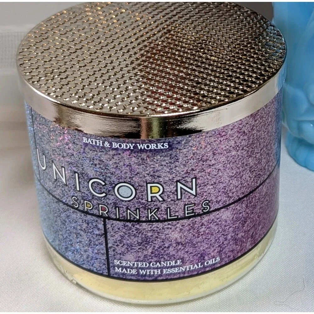 Bath & Body Works Unicorn Sprinkles 3-Wick Candle Holo Glitter Wrap Retired NEW - Picture 2 of 6